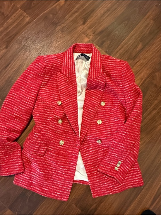 Zara Jackets & Blazers - Zara Red Tweed Double-Breasted Blazer with Gold Buttons